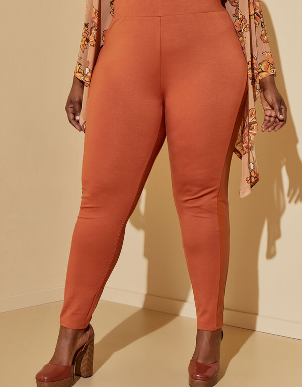Faux Leather Paneled Leggings, Bombay Brown image number 0