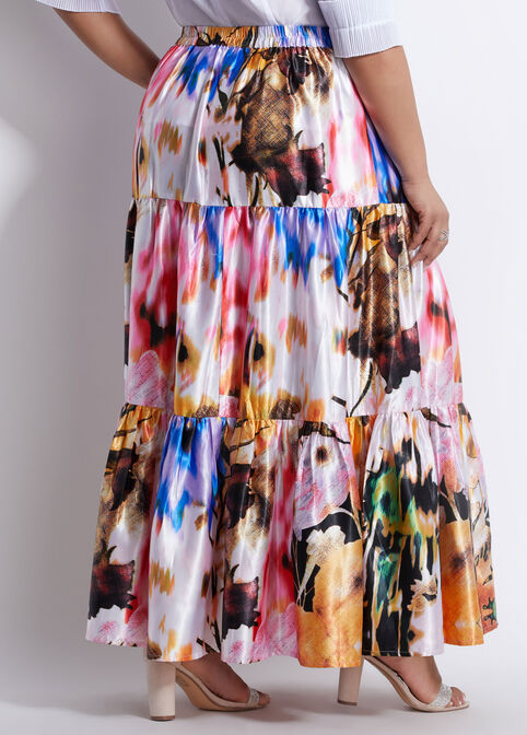 Floral Tie-Dye Satin Maxi Skirt, Multi image number 1
