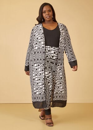 Geo Print Open Front Duster, Black White image number 0