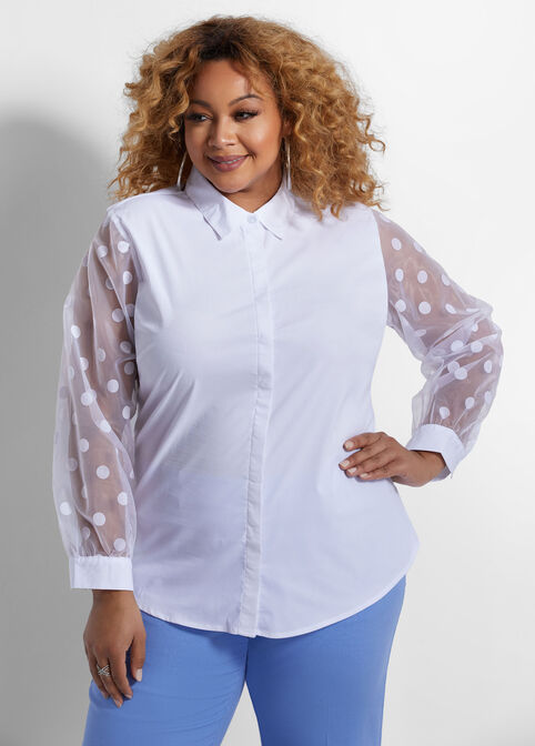 Dot Organza Sleeve Button Up Top, White image number 2