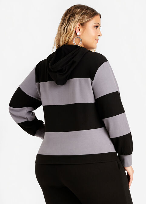 Colorblock Stripe Fleece Hoodie, Black image number 1