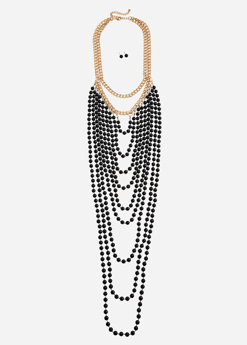 Black & Gold Layered Bead Necklace, Black image number 0
