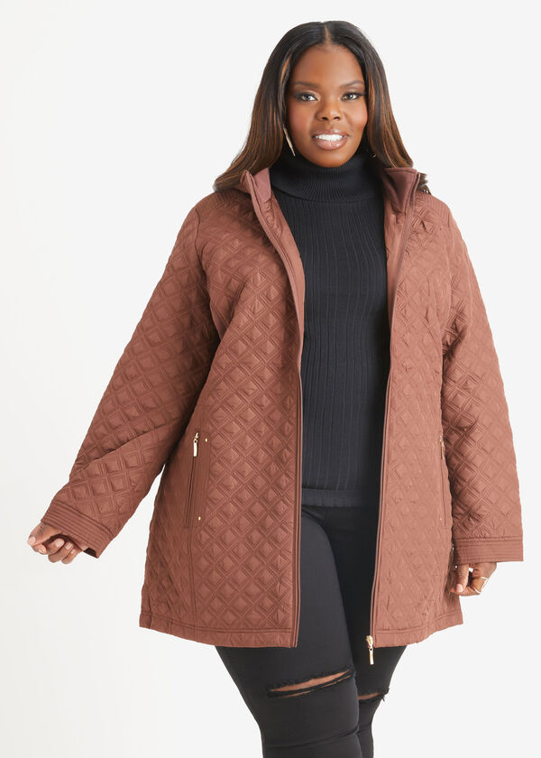 Ribbed Knit Paneled Quilted Coat, Rocky Road image number 0