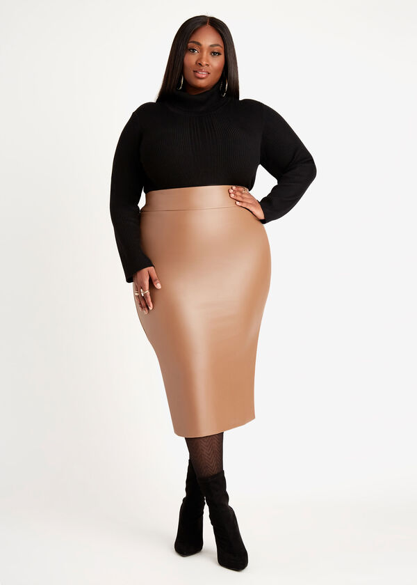 High Waist Midi Faux Leather Skirt, Mocha image number 2