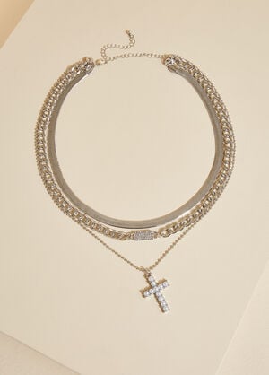 Faux Pearl Cross Layered Necklace, Silver image number 1