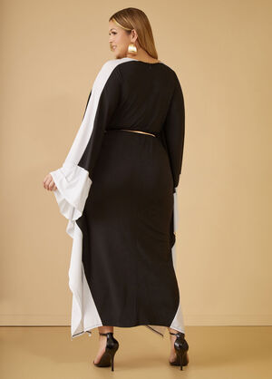 Two Tone Belted Kaftan Dress, Black White image number 1