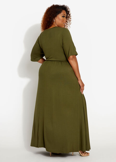 Belted Fit & Flare Maxi Dress, Olive image number 1