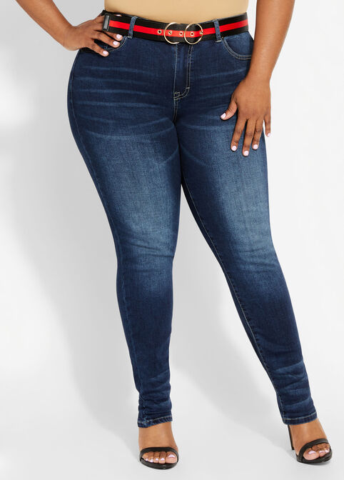 Belted Mid Rise Ankle Skinny Jean, Dk Rinse image number 0