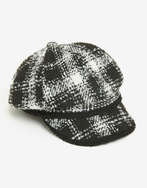 Plaid Boucle Tweed Cabbie Hat, Black White image number 0