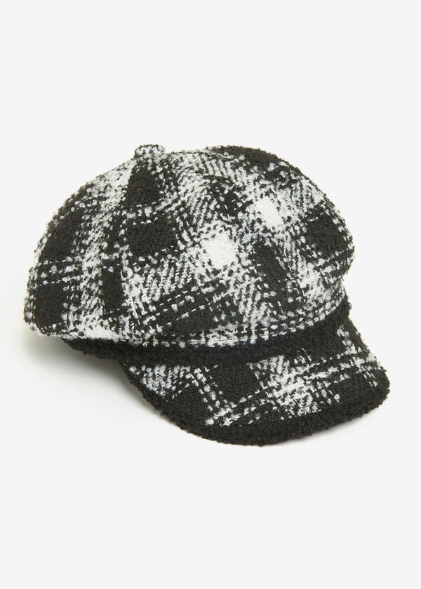 Plaid Boucle Tweed Cabbie Hat, Black White image number 0