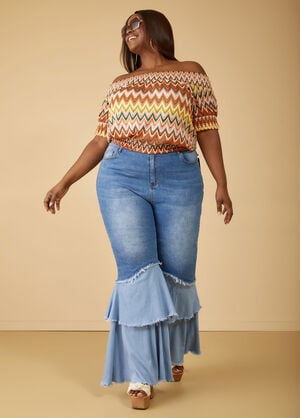 High Rise Ruffled Flared Jeans, Blue image number 0