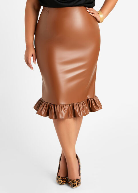 Faux Leather Ruffle Hem Skirt, Camel Taupe image number 0