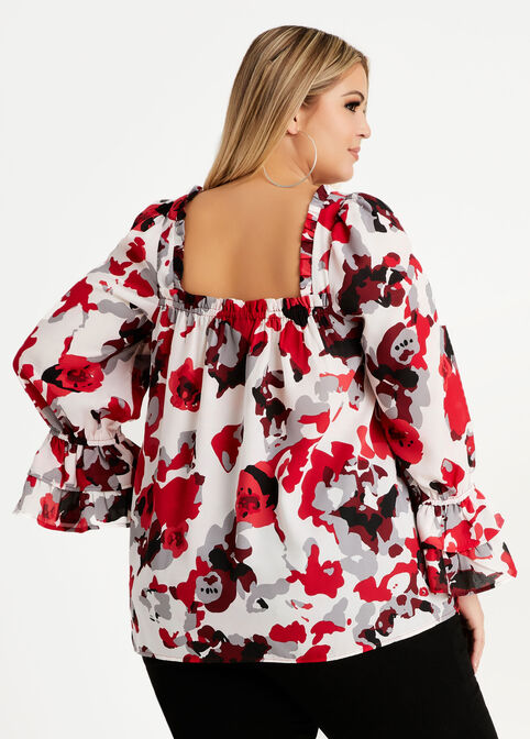 Floral Ruffle Square Neck Blouse, Red image number 1