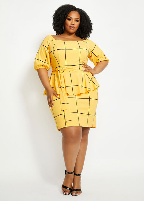 Belted Window Pane Peplum Dress, Amber Yellow image number 0