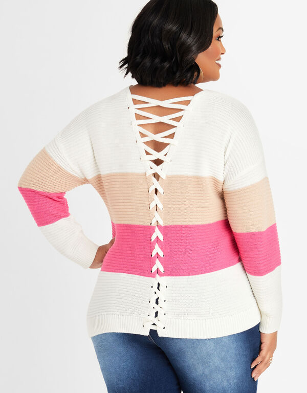 Lace Up Intarsia Knit Sweater, Ivory image number 1