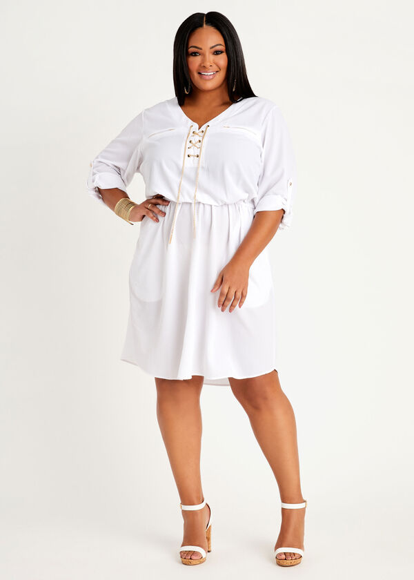 Chain Trimmed Woven Shirtdress, White image number 2