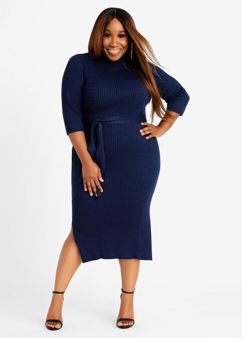 Plus Size Belted Mock Neck Ribbed Stretch Knit Bodycon Sweater Dress image number 0
