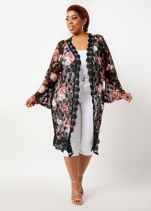 Plus Size Floral Lace Flare Sleeve Open Front Sexy Duster Cardigans image number 0