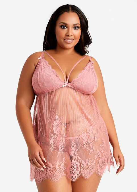 Plus Size Sexy Lingerie Strappy Lace Mesh Babydoll Thong 2pc Set