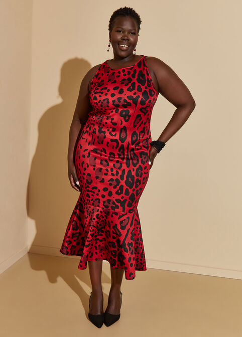 Flounced Leopard Midaxi Dress, Red image number 0