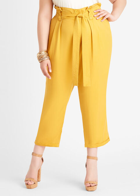 Tie Waist Cuffed Ankle Pant, Nugget Gold image number 0
