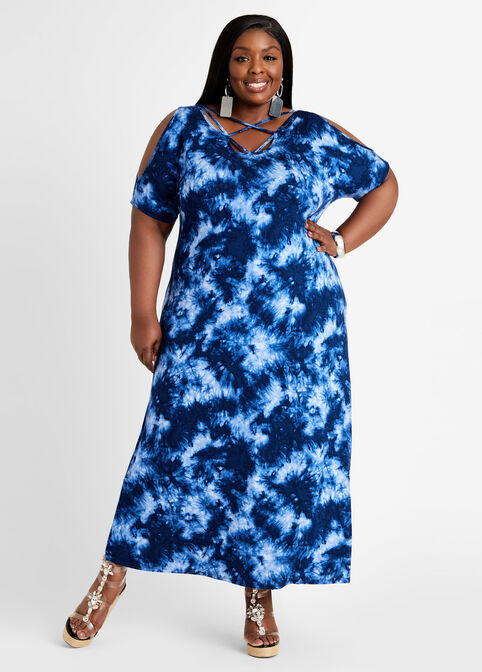 Tie Dye Cutout Cold Shoulder Maxi, Peacoat image number 0