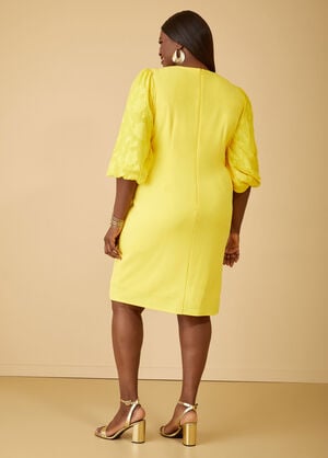 Embroidered Puff Sleeved Dress, Maize image number 1