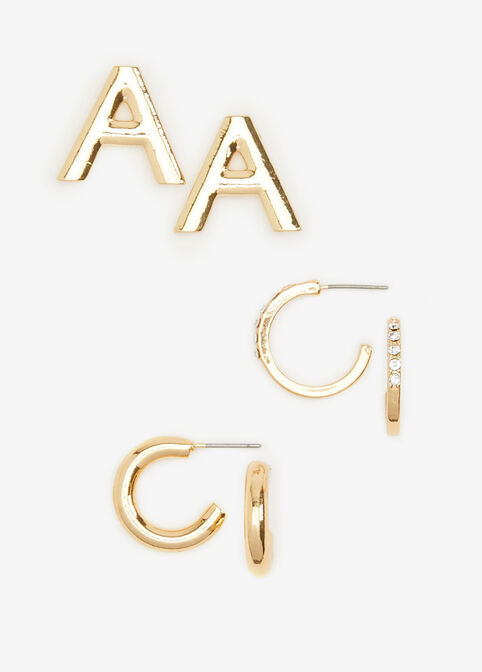 Gold A Initial Studs & Hoops Set, Gold image number 1