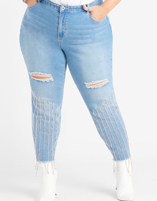 Fringed Distressed Skinny Jeans, Med Sky Blue image number 0