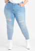 Fringed Distressed Skinny Jeans, Med Sky Blue image number 0