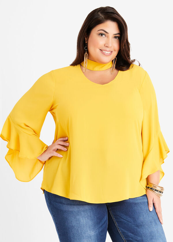 Cutout Crepe Blouse, Nugget Gold image number 0