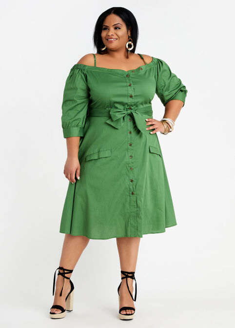 Plus Size Belted Cotton Cold Shoulder Puff Sleeve Midi Shirtdress