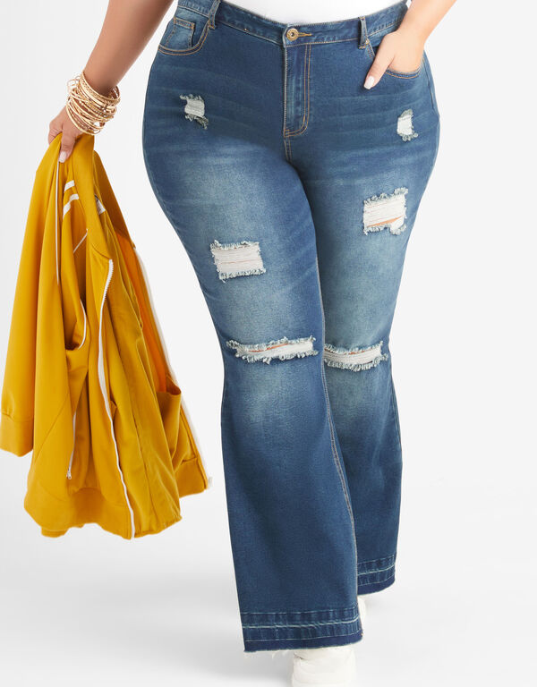 High Rise Distressed Flared Jeans, Dk Rinse image number 0