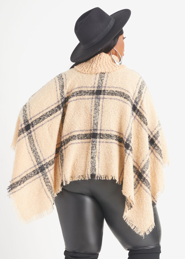 Plaid Knitted Turtleneck Poncho, Camel Taupe image number 1