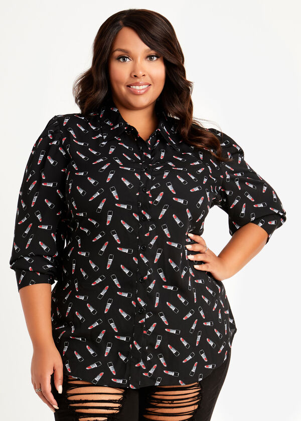 Lipstick Print Classic Button Up, Black image number 2