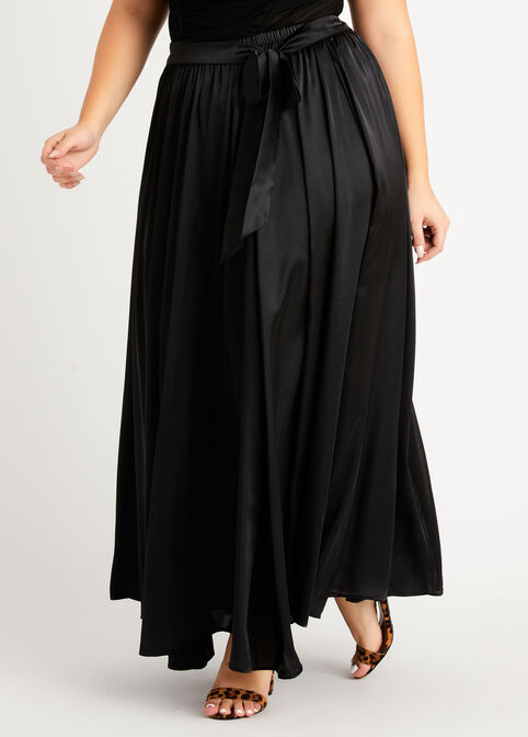 Belted Pleated Satin Skirt, Black image number 0
