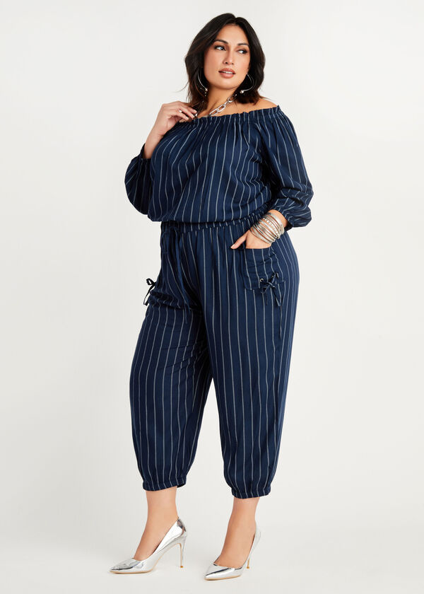 Plus Size Striped Utility Off The Shoulder Sexy Smocked Cargo Jumpsuit