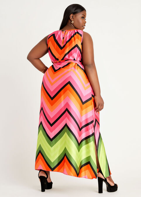Belted Ombre Chevron Maxi Dress, Fandango Pink image number 1