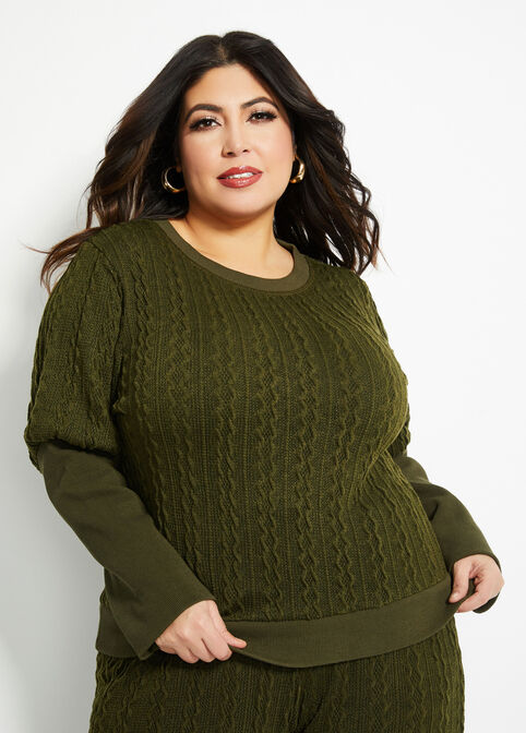 Cable Knit Front Pull Over Sweater, Olive image number 0