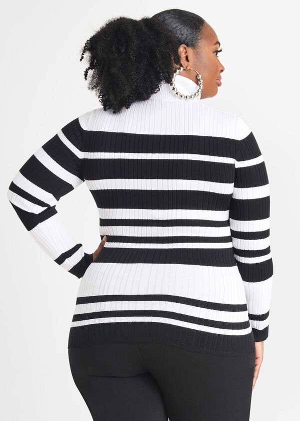Striped Ribbed Turtleneck Sweater, White Black image number 1