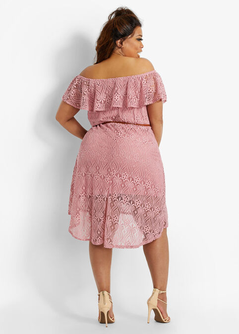 Belted Lace Off The Shoulder Dress, Light Pink image number 1