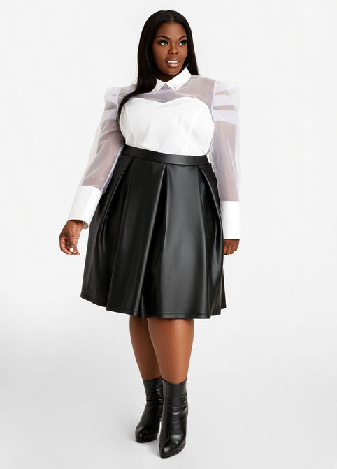 Pleated Faux Leather A Line Skirt, Black image number 2
