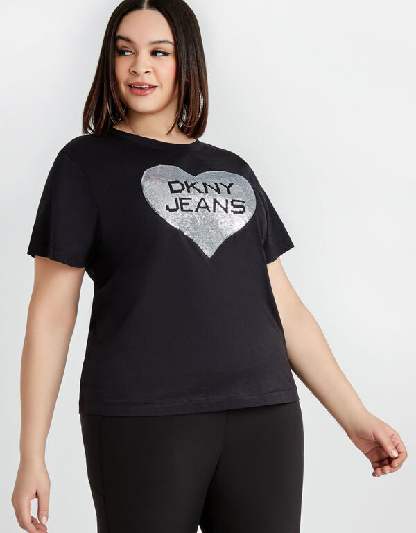 DKNY Jeans Sequin Logo Heart Tee, Black image number 0