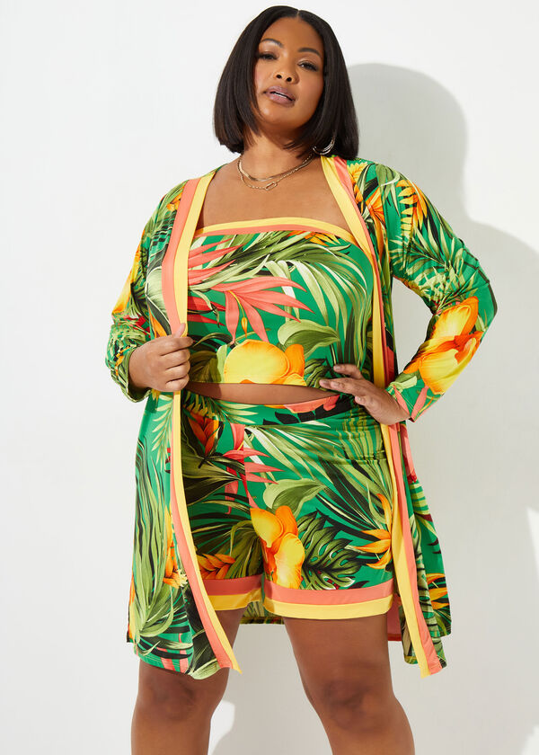 Strapless Tropical Print Crop Top, Parrot Green image number 3