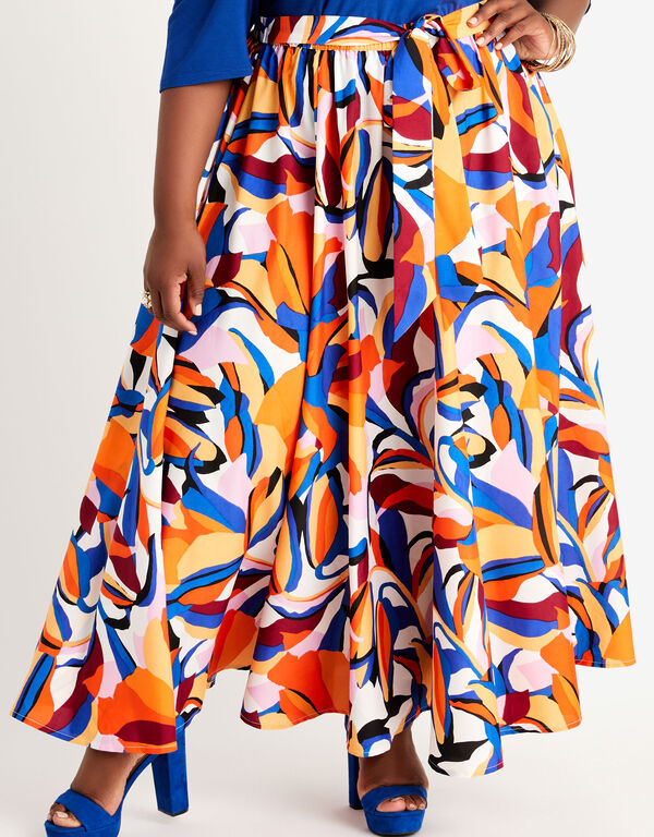Tie Waist Printed Maxi Skirt, Orange image number 0