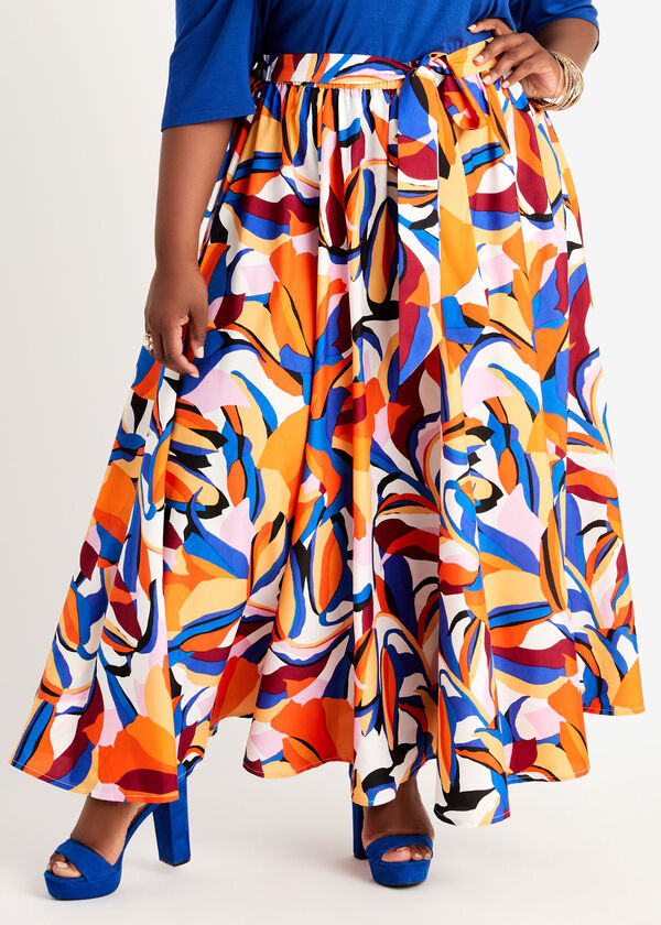 Tie Waist Printed Maxi Skirt, Orange image number 0