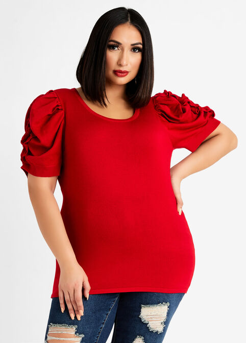Ruched Ruffle Puff Sleeve Sweater, Barbados Cherry image number 0