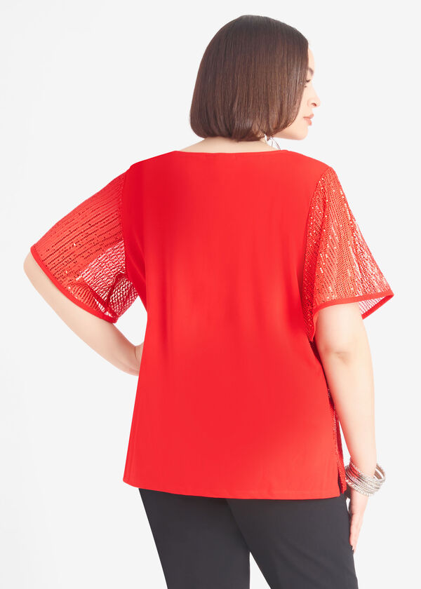 Sequin Paneled Stretch Knit Top, Barbados Cherry image number 1