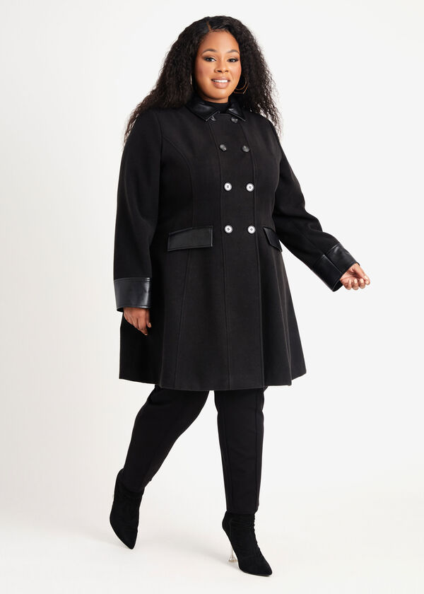 Paneled Faux Wool A Line Coat, Black image number 0