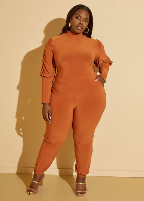 Ruched Joggers Jumpsuit, Rust image number 3